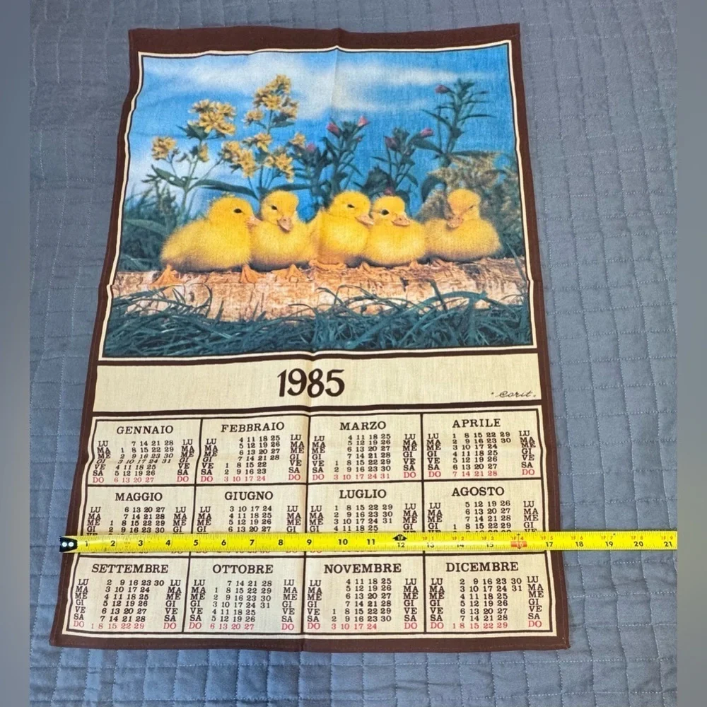 Vintage 1980 Calendar  Folk Art Cloth Wall Calendar Beige Baby Ducklings